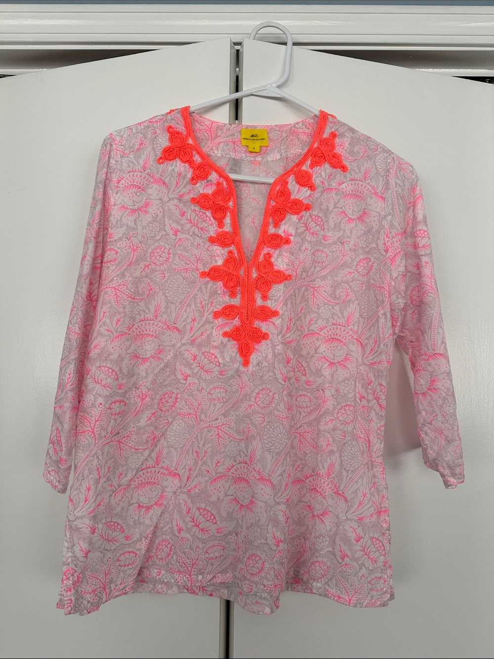 Roberta Roller Rabbit Pink Floral Tunic with Neon Orange Trim